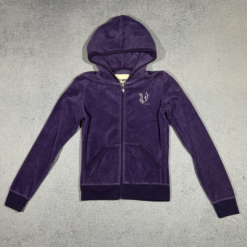 Vivi Diva Velour Zip-up Purple Hoodie Womens Small Y2k Rhinestone 3729